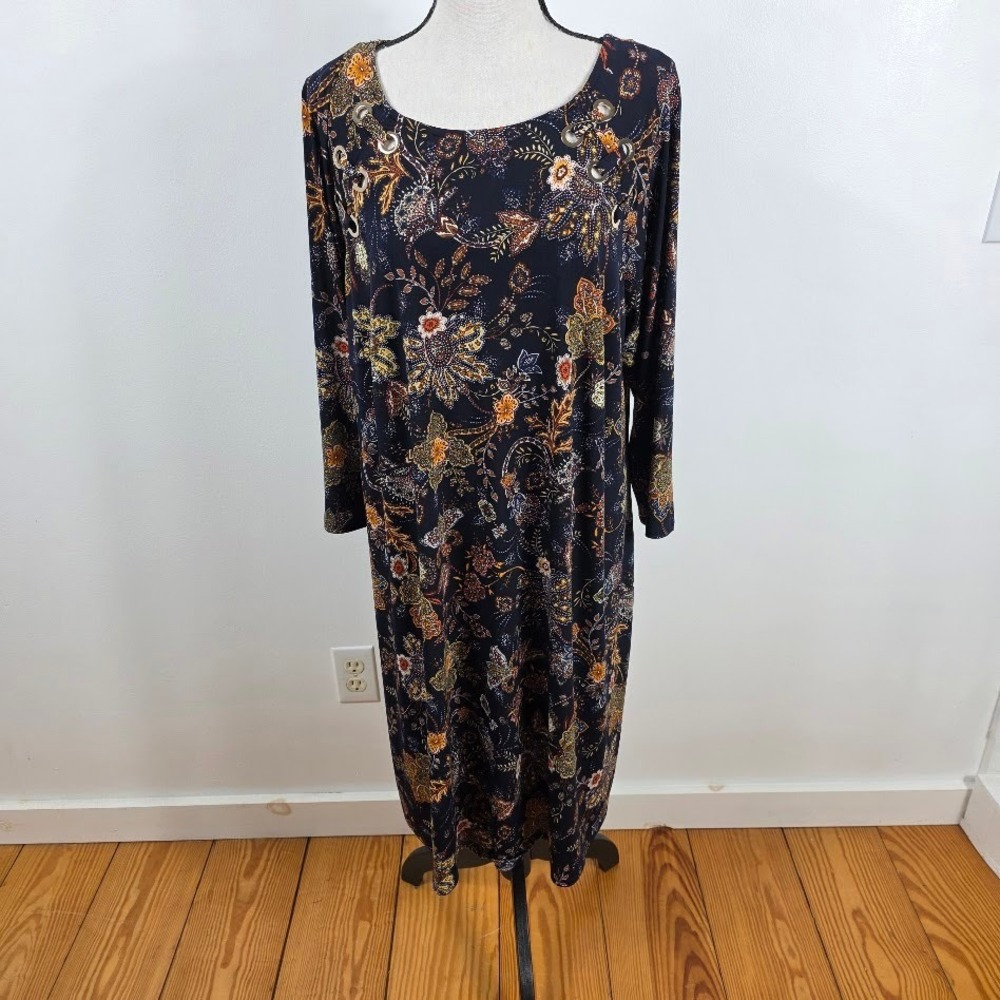 MSK Floral Paisley Shift Dress 2X‎ Women Excellent Grommet Detail Navy Blue